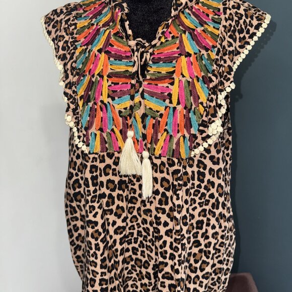Women’s Beautiful Leopard Print Embroidery Tassel THML Medium Blouse Top - Picture 5 of 11